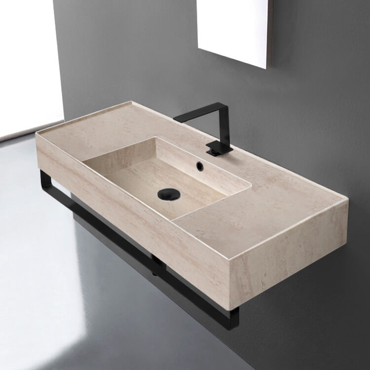 Scarabeo 5124-E-TB-BLK-One Hole Beige Travertine Design Ceramic Wall Mounted Sink With Matte Black Towel Bar